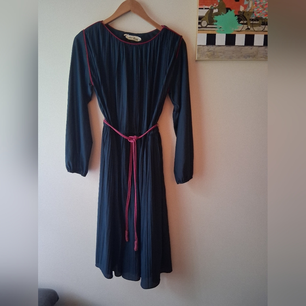 Vintage Hal Ferman Elegant Dark Blue Dress with Pink Accents And Pink Rope Belt